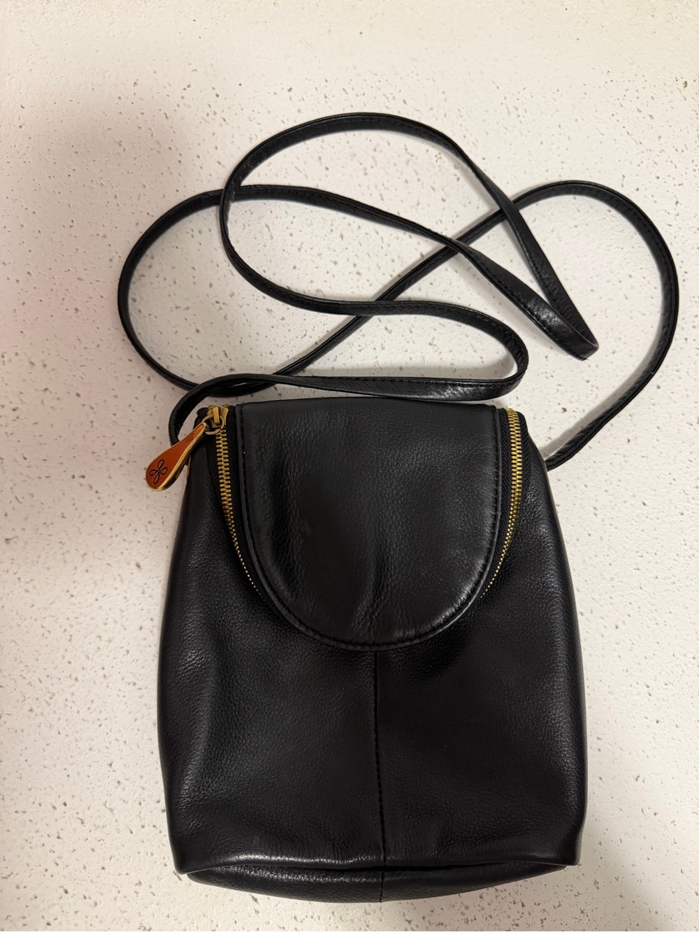 HOBO Black Leather Crossbody with Gold Zipper Accents